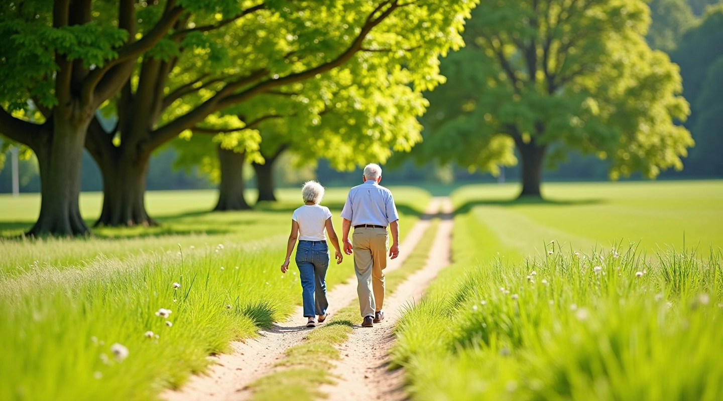 Seniori staigā smilšu ceļu starp zaļiem laukiem un lielajiem ozoliem