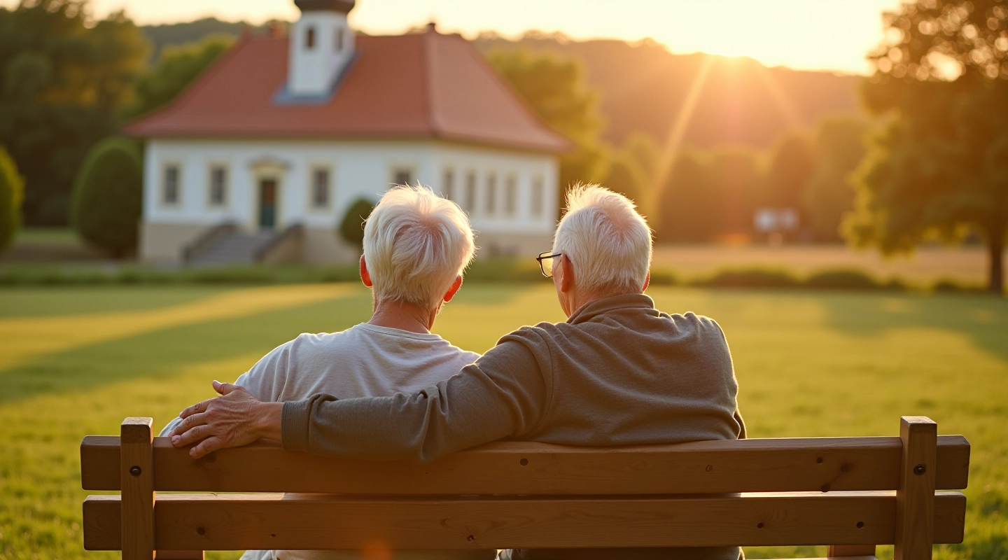 Seniori apsēžas uz soliņa vēsturiskas ēkas fona, mājas dārzā ar zaļiem kokiem
